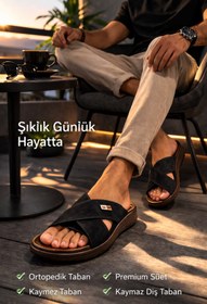 Resim Yumuşak Deri Çapraz Bantlı Anatomik Erkek Terliği - Kaymaz Taban 
