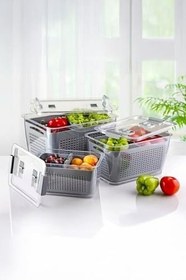 Resim Gri 3'lü 2,5 Litre Süzgeçli Bölmeli Organizer Buzdolabı Hava Geçirmez Saklama Kabı 