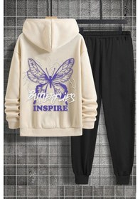 Resim Unisex Butterfly & Letter Graphic Baskılı Eşofman Takımı Bej 