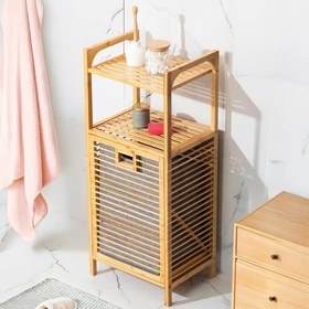 Resim Bambu Banyo Dolabı, 2 Raflı Çamaşır Sepeti Organizatör, Ahşap, 75 L Çıkarılabilir Kumaş Kirli Çamaşır Haznesi Kirli Sepetli 