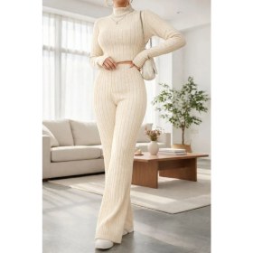 Resim SHC4200 Kadın Ekru Çizgili Boğazlı Crop Top ve Yüksek Bel Eşofman Takımı Spor Şık Kombin 