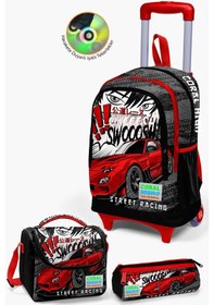 Resim Coral High Kids Siyah Kırmızı Anime Araba Desenli Çekçekli 3'lü Çanta Seti Set0123947 