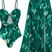 Resim Kadınların Tek Parça Mayo Plaj Giyim Perde İki Parça Güneş Koruma Takımı Klasik Moda Baskılı Seksi Tatil Stili 