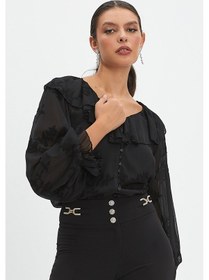 Resim Serpil Exclusive Kadın Fırfırlı Çiçek Desenli Gömlek - Volanlı Kol Ve V Yaka Detaylı Siyah 