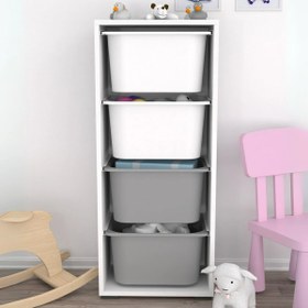 Resim Cara 4 Derin Sepetli Çok Amaçlı Oyuncak Dolabı Beyaz Gri 