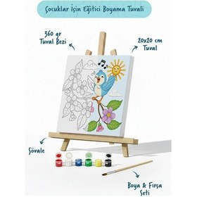 Resim Şarkı Söyleyen Kuş Temalı Çocuk Boyama Tuvali Şövaleli Eğitici Boyama Seti 20x20 Cm 