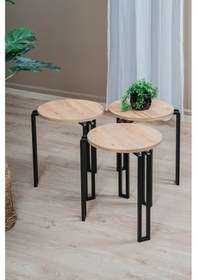 Resim 3'lü Zigon Sehpa Takımı, Modern Metal Ayaklı Yuvarlak Yan Sehpa, Ahşap Tablalı Orta Sehpa Atlantik Çam - Siyah 