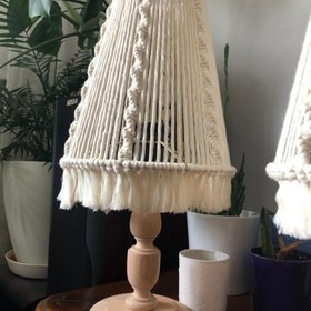 Resim Ahşap Ayaklı El Yapımı Dekoratif Makrome Abajur&Masa Lambası 