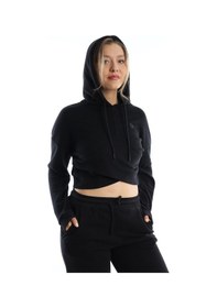 Resim Kadın Kruvaze Detaylı Kapüşonlu Crop Sweat Siyah 