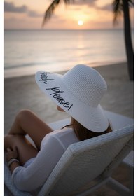 Resim Beach Please Plaj Sahil Lütfen Motto Yazılı Yazlık Tatil Deniz Güneş Geniş Hasır Şapka Beyaz 