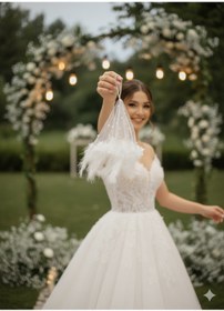 Resim Happyline İncili Tüylü Beyaz Gelin Damat Halay Mendili Nedime Söz Nişan Düğün 