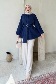 Resim Tesettür Diyarı Dekta Cotton Kumaş Broş Kemerli Tesettür Gömlek- Lacivert Standart (38-42 Uyumlu) 