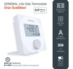 Resim General Life Aruna HT25S Rf Kablosuz Oda Termostatı Beyaz Dijital Kontrol Paneli 