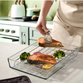 Resim Paşabahçe Arda Türkmen Premium Dikdörtgen Borcam Cam Tepsi 36,7 cm x 25,7 cm Çelik Tel Izgaralı 