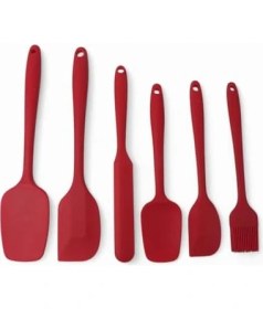 Resim Silikon Mutfak Yardımcısı, 6 Adet Silikon Spatula, Çorba Kaşığı, Fırın Fırçası, Spatula, Dayanıklı ve Yapışmaz, Paslanmaz Çelik ve Dikişsiz Tek Parça Tasarım Siyah-Gri-Kırmızı (Kırmızı) 