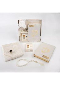 Resim Kuran + Seccade + Tesbih + Zikirmatik + Koku Hediye Seti Hafız Boy, Kadife, Beyaz 