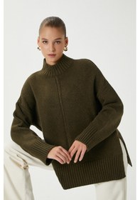 Resim Ritnice Kadın Wonder Yumuşacık Dik Yaka Haki Yırtmaçlı Oversize Triko Kazak Haki 