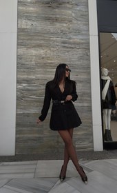 Resim Siyah Kemerli Çanta Aksesuarlı Blazer Ceket Elbise - L 