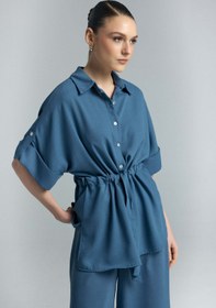 Resim Sateen Beli Bağlamalı Kimono Gömlek - İndigo 