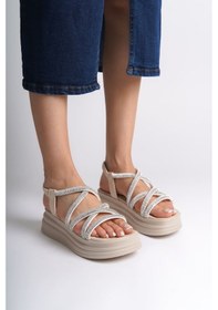 Resim Elena Lastikli Taşlı Şeritli Ortopedik Taban Kadın Sandalet Ckt - Krem Çok Renkli 