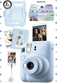 Resim Fujifilm Instax mini 12 Mavi Fotoğraf Makinesi-10'lu Film-Kıskaçlı Stand-PVC Albüm ve Simli Pleksi Kılıf Seti 