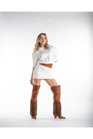 Resim AYAKKABI PRENSİ Fringe Püsküllü Ve Trok Detaylı Kovboy Taba Suet 9 Cm Kadın Çizme, Topuklu Çizme 