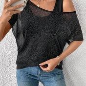Resim İlkbahar-Yaz 2'si-1 Arada Asimetrik Yaka Parıltılı Kadın Tişört 