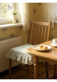 Resim Yeşil Çizgili Buldan Yıkanmıs Keten 4 Tarafı Fırfırlı Sandalye Minderi Çok Renkli 