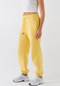 Resim Oversize Unisex Eşofman Altı Sarı - 3 İplik Şardonlu, Paça-Bel Lastikli, Cepli, Modern Rahat Kesim - XS / SARI 
