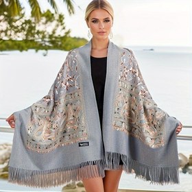 Resim Bohem Sezonel Çiçek Nakışlı Dış Giyim, Bahar ve Sonbahar için Vintage Kaşmir Nakışlı Eşarp, Çok Yönlü Şal, Etnik Eşarp, Sıcaklık için Büyük Boy Şal. 