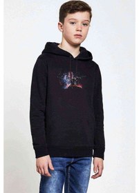 Resim Sao Anime Baskılı Unisex Çocuk Kapüşonlu Siyah Sweatshirt Siyah 