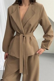 Resim Neşeli Butik vizon kahverengi kuşak detaylı oversize şalvar pantolon blazer ceket takım NBNP023 