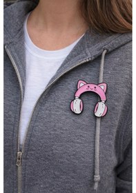 Resim Kedi Kulaklı Kulaklık Tasarımlı Metal Rozet Pembe Figürlü Çanta Aksesuarı Pin Gri 