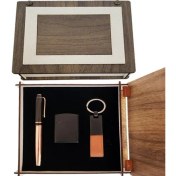 Resim Özel Ahşap Kutulu Bakır Roller Kalem Anahtarlık ve Çakmak Set Tdrtr 