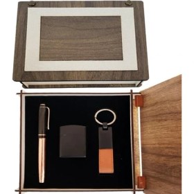 Resim Özel Ahşap Kutulu Bakır Roller Kalem Anahtarlık ve Çakmak Set Tdrtr 