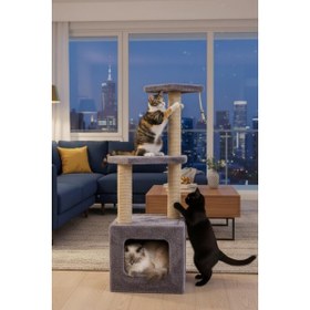 Resim AyrStore Pet Basamaklı Yuvalı Kare Ev Kedi Tırmalaması Gri 