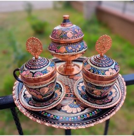 Resim İkili Gül Çiçek Bakır Çay ve Nescafe Takımı 