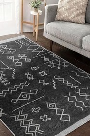Resim RealHomes Siyah Zeminde Kilim Motifli Beyaz Baklava Desenli Geometrik Etnik Motifler Salon Kaymaz Saçaklı Halı HaliDik-Deluxe-11031, 150 x 300 