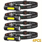 Resim 4 adet taşınabilir LED baş lambası, manyetik el fenerli USB şarj edilebilir COB baş lamba, çok hafif, ayarlanabilir kafa bandı baş lambası, IP44, açık hava kampı, koşu, balık tutma ve acil durumlar için uygun, Noel için en iyisi 