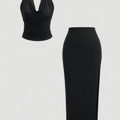 Resim Şık Yönlü Kadın Kolsuz Crop Top ve Yan Yırtma Etek Takımı - Şık Yuvarlak Yaka, Sırtı Açık, Omuz Üstü Tasarım, Bahar/Yaz İçin Mükemmel, Günlük Kıyafet, Günlük Kıyafet|Kolsuz Üst|Ruched Detayları 