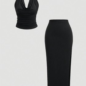 Resim Şık Yönlü Kadın Kolsuz Crop Top ve Yan Yırtma Etek Takımı - Şık Yuvarlak Yaka, Sırtı Açık, Omuz Üstü Tasarım, Bahar/Yaz İçin Mükemmel, Günlük Kıyafet, Günlük Kıyafet|Kolsuz Üst|Ruched Detayları 