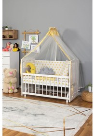 Resim Ahşap Beşik Anne Yanı Beşik Beyaz 60x120 - Sarı Yıldız 3 Yastık Uyku Seti + Yatak Beyaz 