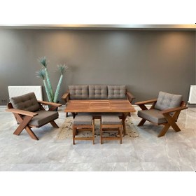 Resim Verona Masif Ahşap Bahçe Koltuk Takımı Kestane Ağacı 3+1+1 Gri Kahverengi 