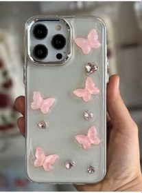 Resim iPhone 14 ProMax Uyumlu Simli Kelebek Desenli Taşlı Silikon Kılıf 