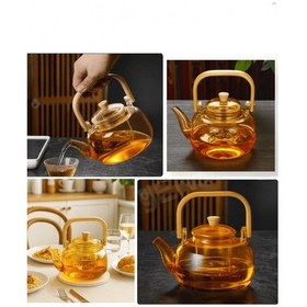 Resim Amber Cam Demlik Ahşap Saplı Cam Filtreli Demlik 1 Litre - Isıya Dayanıklı Cam Bitki Çayı Demlik Amber 