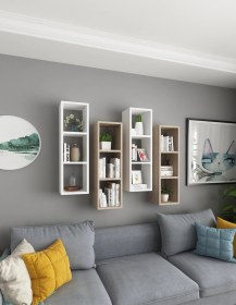 Resim Duvar Rafı Kitaplık Ofis Beyaz Meşe 4 Lü Karışık Takım Beyaz Meşe 