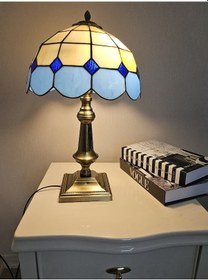 Resim Yüceeller El Yapımı Eskitme Vitray Abajur Masa Lambası Mavi 