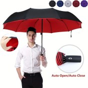 Resim Otomatik Aç/Kapama Katlanabilir Şemsiye - Ergonomik Saplı, Rüzgar Geçirmez Güneş ve Yağmur Şemsiyesi, Erkekler ve Kadınlar İçin Kompakt Seyahat Şemsiyesi, Siyah/Kırmızı Tasarım, Yağmur İçin Şemsiye, Dış Mekan Koruma, Şık Aksesuar, Dayanıklı Kanvas 