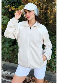 Resim Tommy Life Bej Kalın Yumuşak Dokulu Dik Yaka Oversize Nakışlı Polar Kadın Sweatshirt - 97293 Bej 