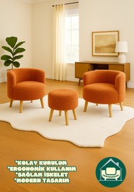 Resim DEKORDESING Cozy Comfort Kiremit Tarçın Rengi Çay Seti Ve Peluş Ikili Berjer & Puf Takımı - 3'lü Set 